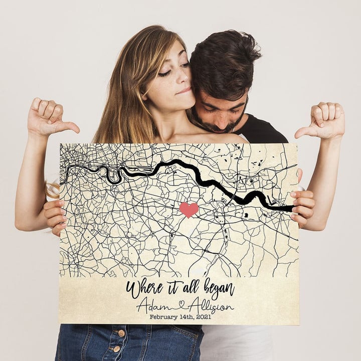 Where it All Began Map Where We Met Horizontal Canvas Poster Framed Print Personalized Wedding Anniversary Gift For Wife Husband