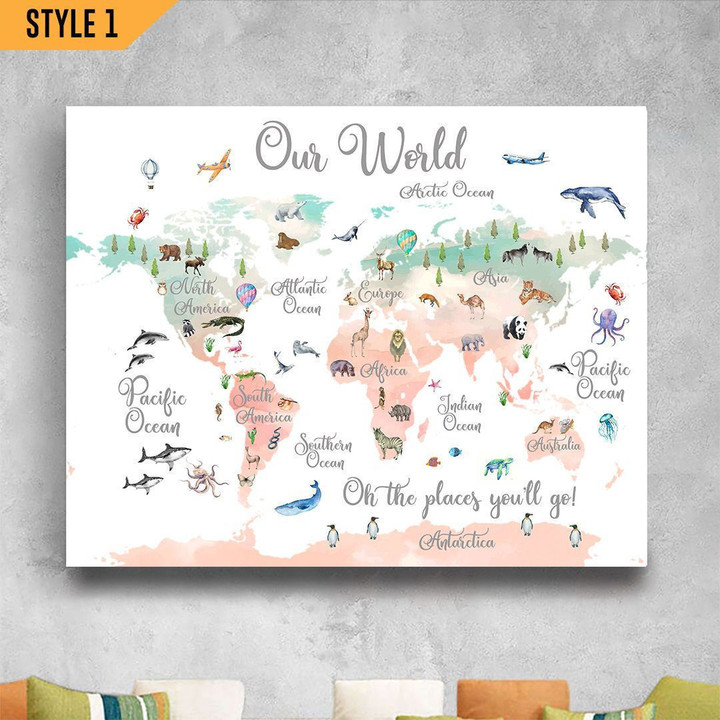 Nursery Vertical Canvas Poster Framed Print Animal World Map Personalized Gift For New Born Baby