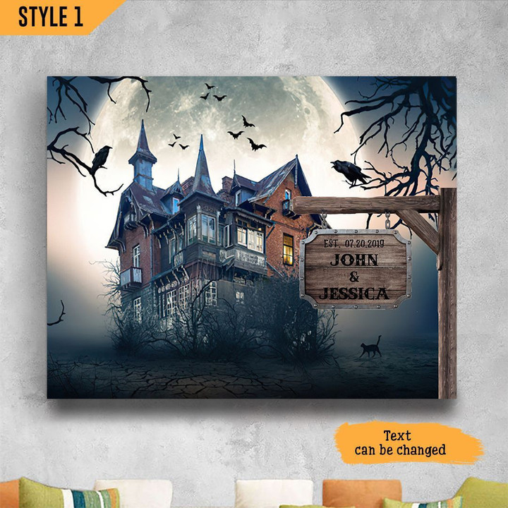 Halloween Haunted House With Couple Names And Date Sign Horizontal Poster Canvas Framed Print Personalized Halloween Gift