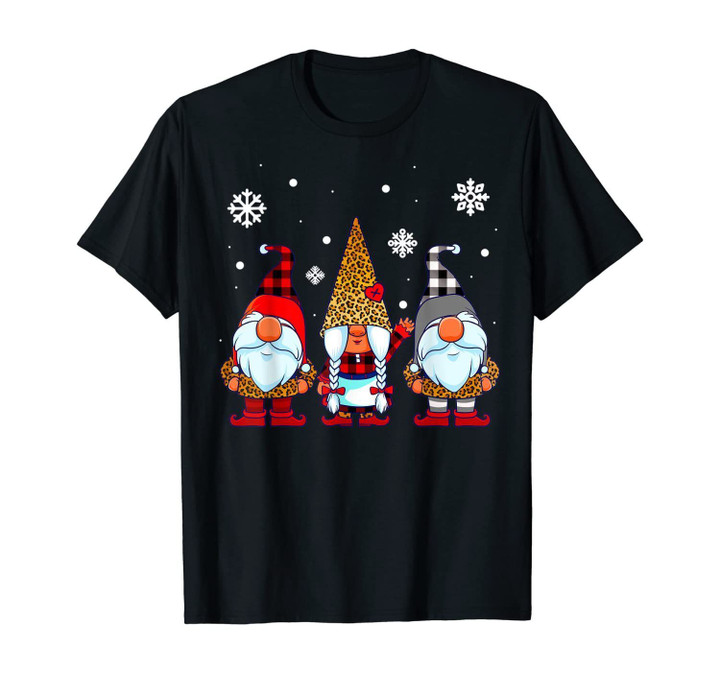Three Gnomes in Leopard Print Buffalo Plaid Christmas Xmas T-Shirt