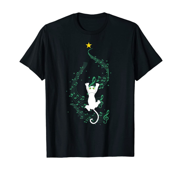 Cat Climbing Music Note Christmas Tree Gift T-Shirt