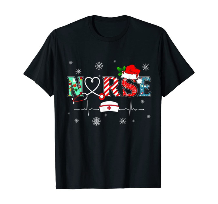 Nurse Christmas Santa Hat Snow Stethoscope Reindeer Xmas T-Shirt