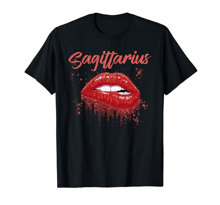Sagittarius Zodiac Birthday Red Lips T-Shirt Black Women