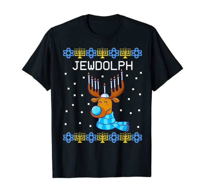 Jewdolph Ugly Hanukkah Sweater Reindeer Menorah Chanukah T-Shirt