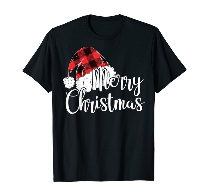 Merry Christmas Gift Cute Plaid Santas Hat Funny Women Xmas T-Shirt