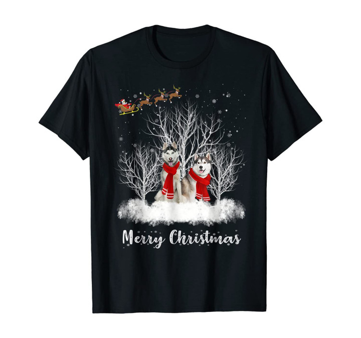 Santa Husky Couple Merry Christmas Dog Gift T-Shirt