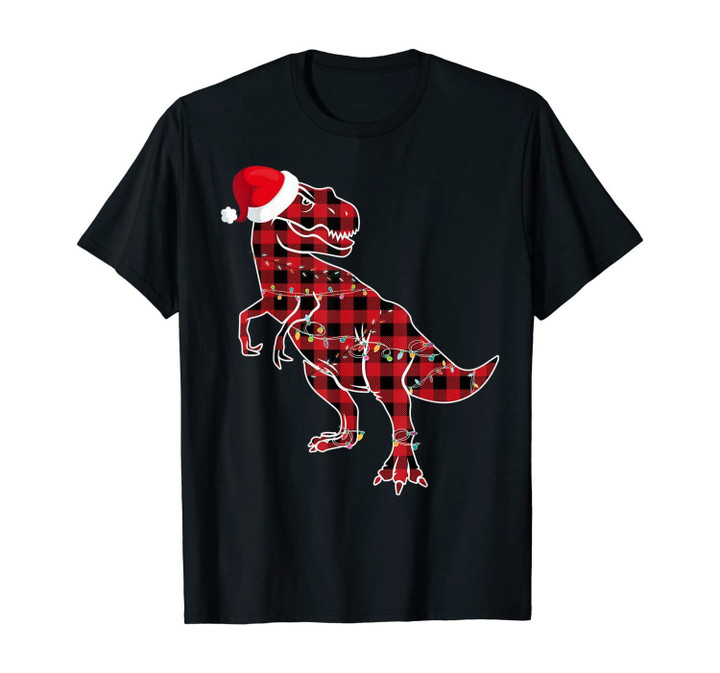 Red Plaid Dinosaur T Rex Christmas Lights Pajamas Xmas Gifts T-Shirt