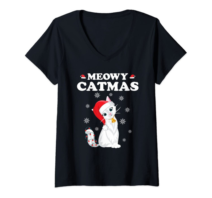 Womens Meowy Catmas Cute White Cat Santa Claus Gift Christmas PJ V-Neck T-Shirt