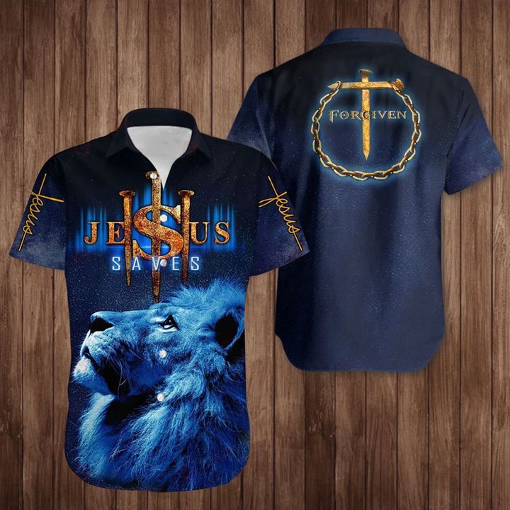 Lion Jesus Saves Hawaiian Shirt Forgiven Cross Christian Faith Shirt Clothing Unique