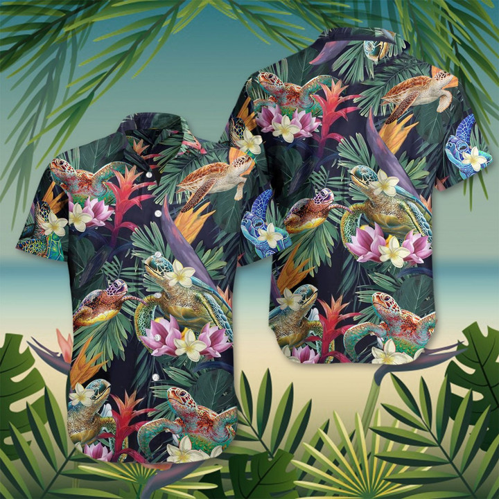 Sea Turtle Hawaiian Shirt Bromeliad Flower Tropical Shirt Mens Womens