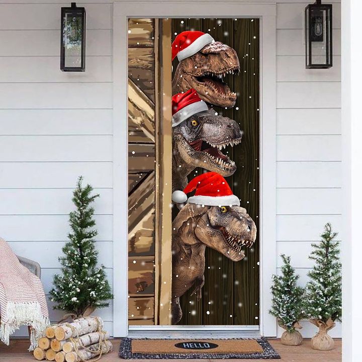 T-Rex Christmas Door Cover Christmas House Decorations Outside Holiday Front Door Cover