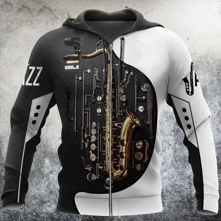 Jazz Saxophone Zipper Hoodie Music Lovers 3D Clothing Gifts For Saxophone Players