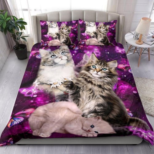 Cute Cats With Purple Flowers Bedding Set Animals Bedding Gifts For Pet Lover