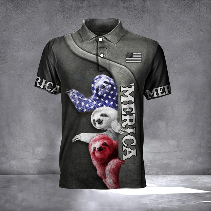 Three Sloths American Flag Polo Shirt Independence Day Fourth Of July Clothing Gift