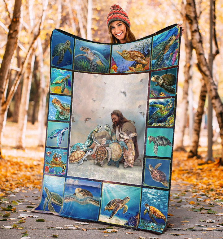 Jesus With Turtles Fleece Blanket Sea Turtle Blanket Throw Christian Product Gift Ideas