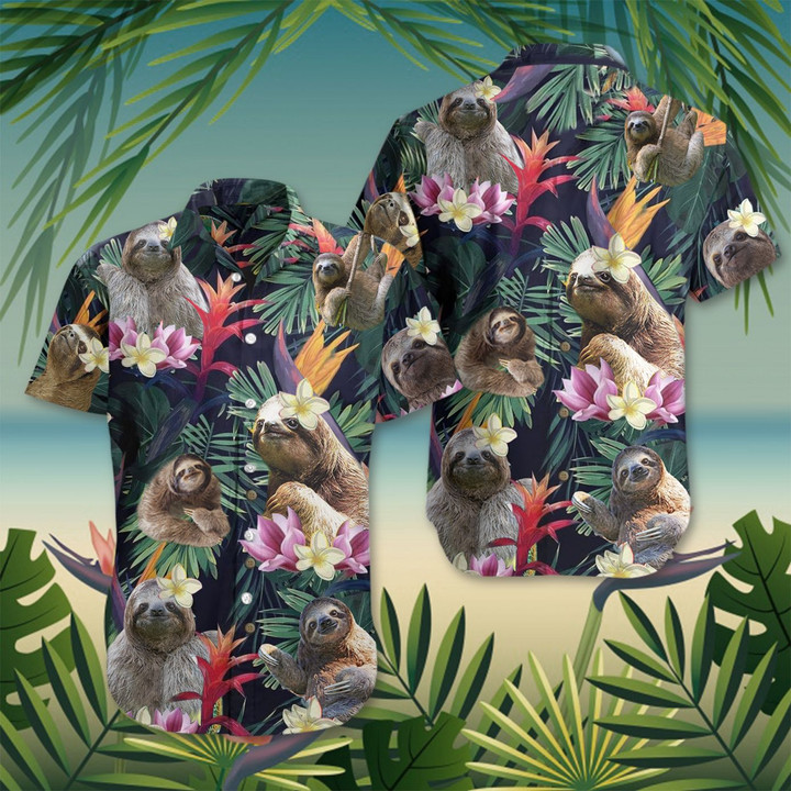 Sloth Hawaiian Shirt Bromeliad Flower Tropical Print Aloha Beach Shirt Family Vacation Ideas