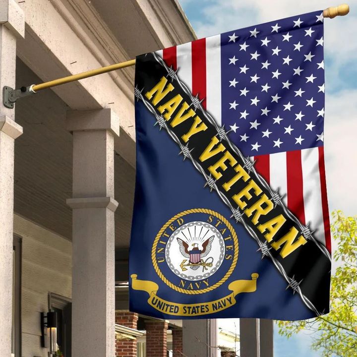 Navy Veteran Flag With American Flag Navy Logo Proud Veteran Patriotic Flag