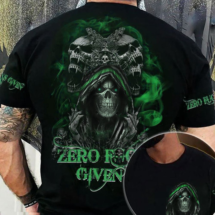 Green Line Flag Three Skulls Zero Fuck Given Shirt Sarcasm Sayings Cool Skull Graphic Tee