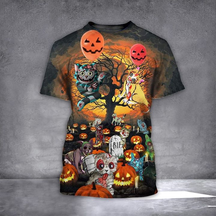 Cat Pumpkin Halloween T-Shirt Cute Cat Graphic Tee Halloween Themed Shirt Clothing