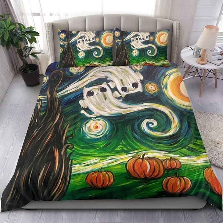 Cat Starry Night Halloween Bedding Set Cute Halloween Duvet Cover Merch Gift Ideas