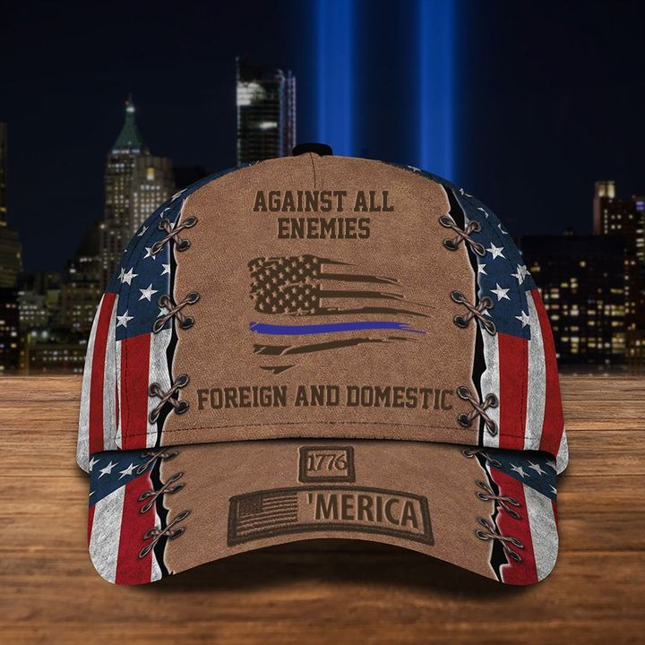 Thin Blue Line Hat USA Flag 1776 'Merica Against All Enemies Foreign & Domestic Police Gifts