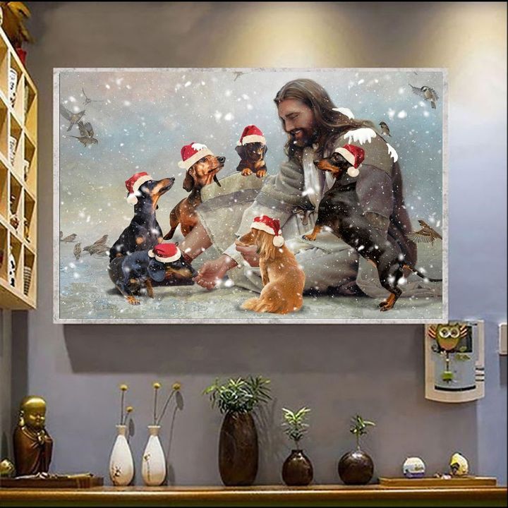 Jesus And Dachshund Christmas Poster Dog Lover Christian Christmas Wall Decorations Indoor