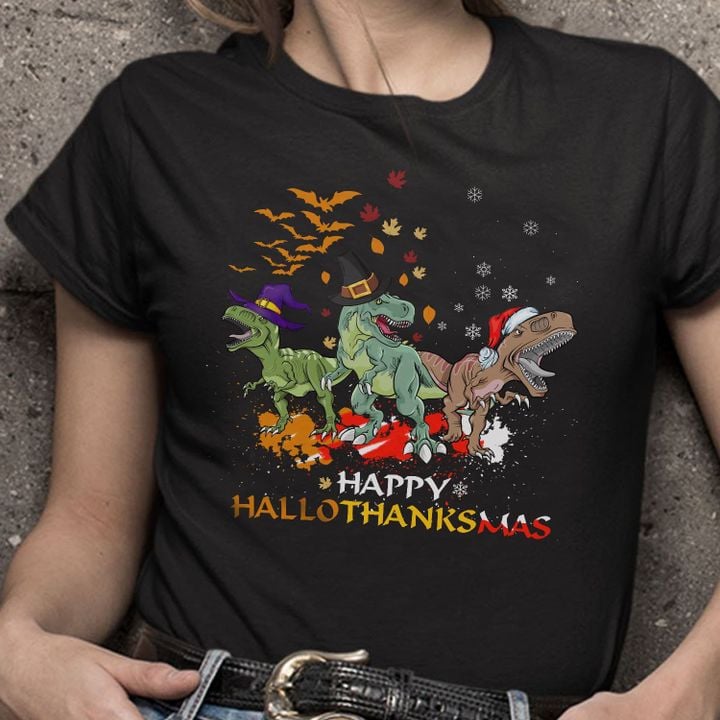 T-Rex Happy Hallothanksmas Shirt Holiday Halloween Thanksgiving Christmas T-Shirt Gifts