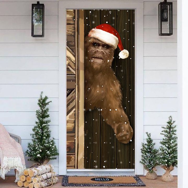 Bigfoot Wearing Santa Hat Christmas Door Cover Best Decorated Christmas House 2021 Gift