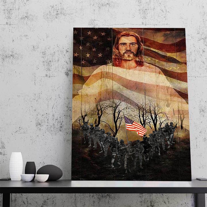 One Nation Under God US Military Troops Poster Vintage Christian Veteran Wall Decor Gift