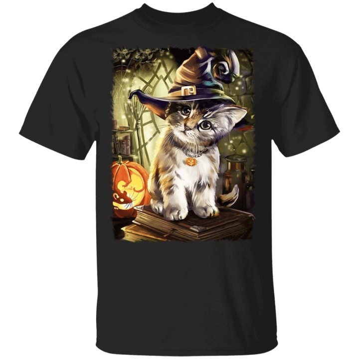 Cute Cat In A Witch Hat Sitting On A Book - Cat Shirts