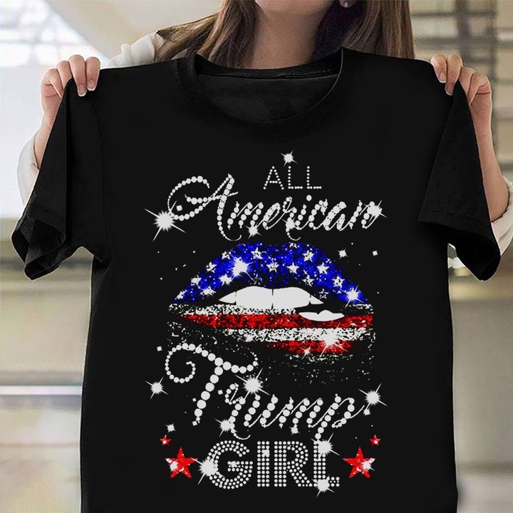 All American Trump Girl Shirt American Flag Lips Patriotic T-Shirt 4th Of July Gift For Family