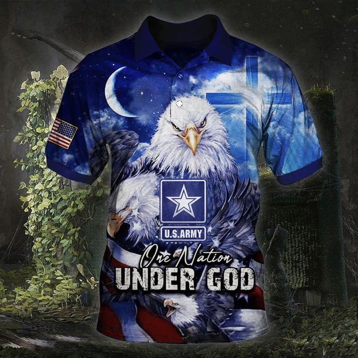 One Nation Under God Polo Shirt U.S Army Logo Eagle American Military Tee Patriot Gift