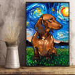 Brown Short haired Dachshund Starry Night dog Art CANVAS print  poster