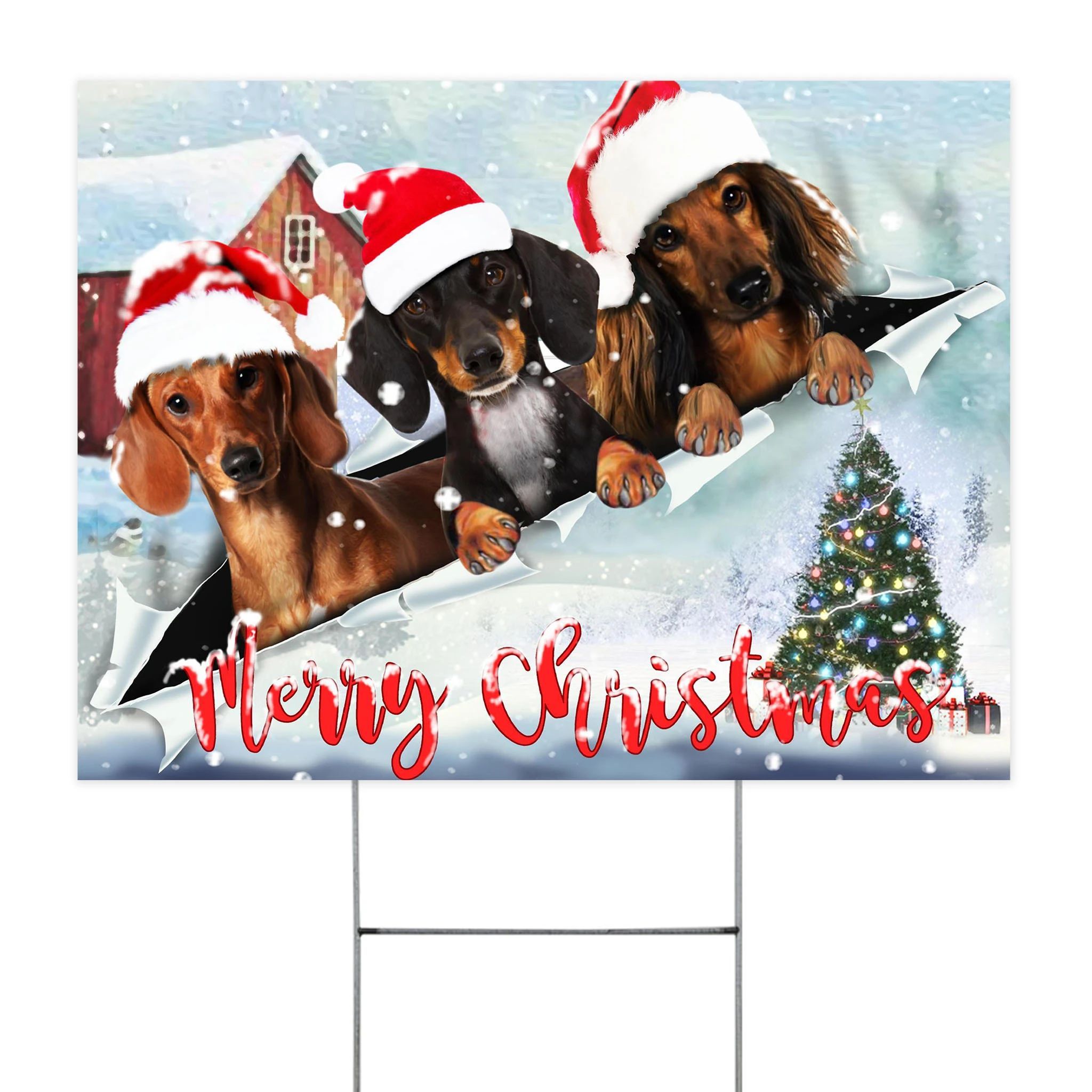 Dachshund Merry Christmas Yard Sign Dog Inside Hole Mid Torn Christmas Yard Decorations