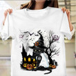 Black Cat Witch Halloween Shirt Cool Cat Graphic Tee Funny Halloween T-Shirt Gift For Her