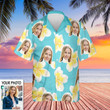 Custom Photo Hawaiian Shirt Flowers Print Blue Button Up Shirt Present Ideas For Boyfriend