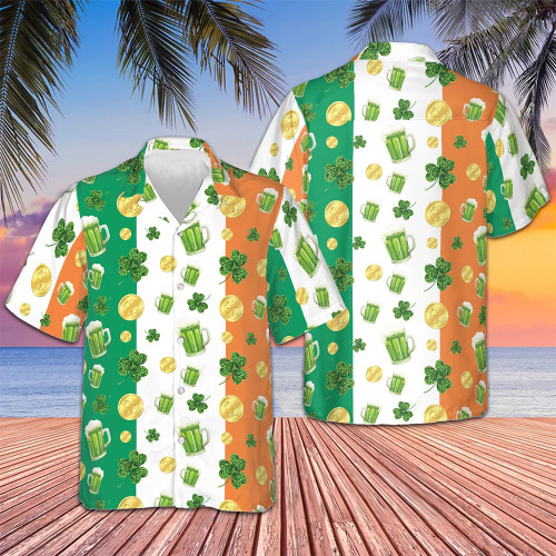 Beer Shamrock And Coin St Patrick's Day Hawaiian Shirt Button Up Shirt Gifts For Irish