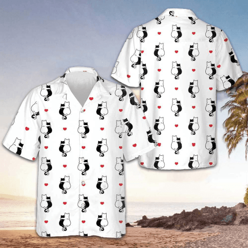 Cat Couples And Heart Hawaiian Shirt Cat Lovers Cute Valentines Shirts Gifts For Him