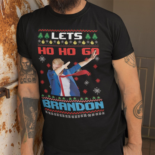 Dabbing Trump Lets Go Brandon Ugly Christmas T-Shirt Funny Trump 2024 Merch Gifts For Xmas