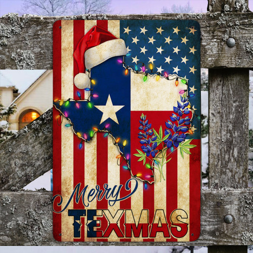 Merry Texmas Bluebonnet American Flag Metal Sign Old Vintage Merry Christmas Sign For Texans