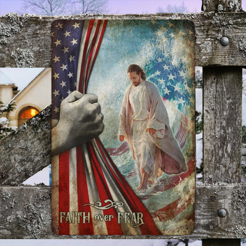 Jesus Christ Inside American Flag Metal Sign Faith Over Fear Christian Sign Outdoor Christmas Decor