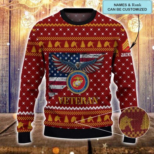 Custom Marine Corps Veteran Ugly Christmas Sweater Eagle USA Flag Gifts For USMC Veterans