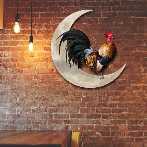 Rooster In Moon Metal Sign Chicken Lovers Metal Wall Hanging Decor