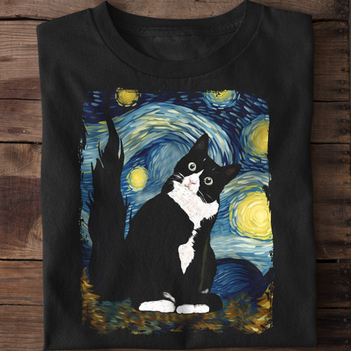 Tuxedo Cat Starry Night Van Gogh Shirt Tuxedo Cat Lover Themed Gifts Merchandise
