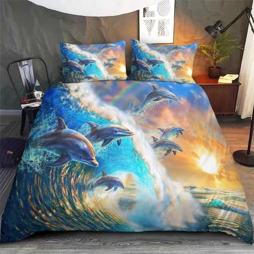 Dolphin Bedding Set 3D Ocean Waves Sunset Duvet Cover Themed Gifts For Dolphin Lovers