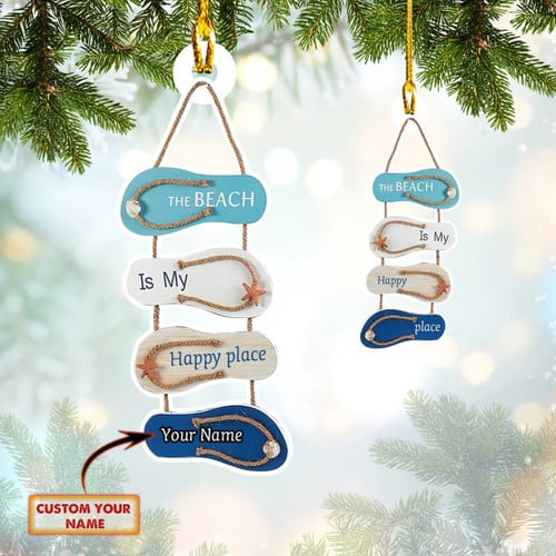 Personalized The Beach Is My Happy Place Ornament Flip Flop Ornament Christmas Tree Decor