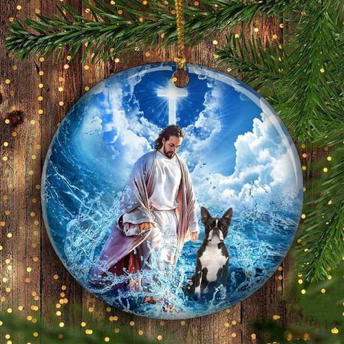 Jesus Boston Terrier Christmas Ornament 2023 Jesus Walking On The Beach With Boston Terrier