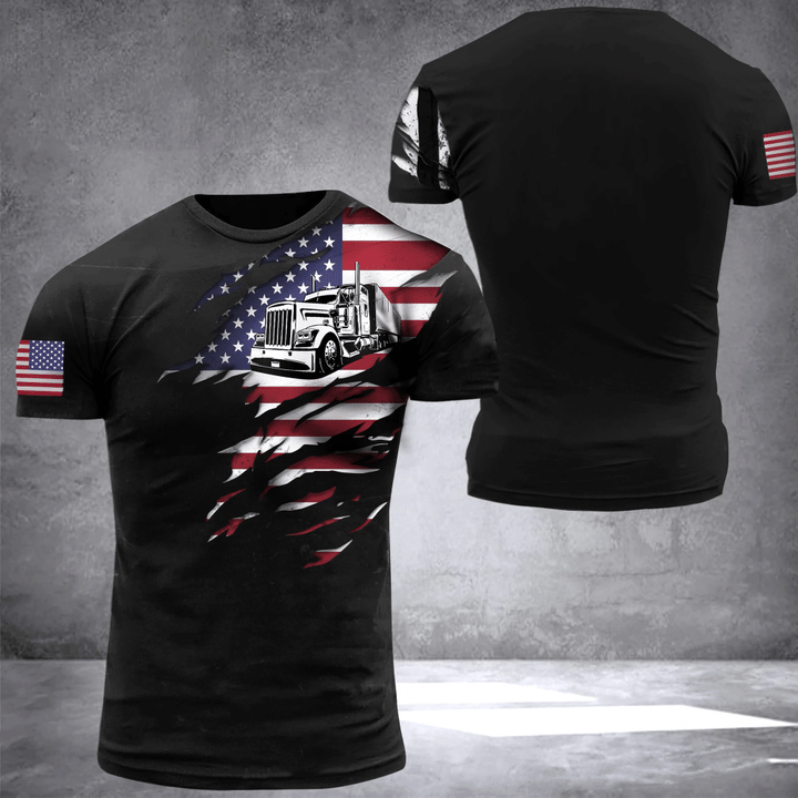 Trucker American Flag 3D T-Shirt Honor Truck Driver US Flag Christmas Gifts For Truck Drivers