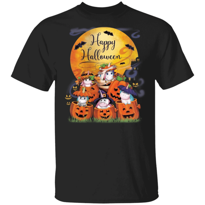 Cute Unicorns With Pumpkin Blood Moon Halloween T-Shirt Halloween Costumes For Unicorn Lover