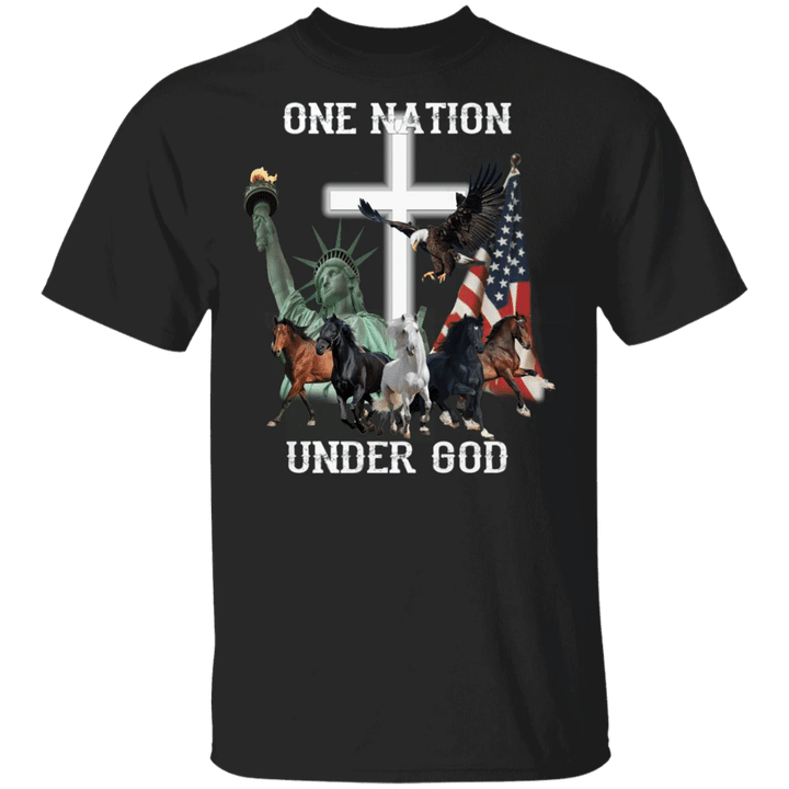 Horse One Nation T-Shirt Graphic 3D Statue Of Liberty American Flag Gift For Patriotic